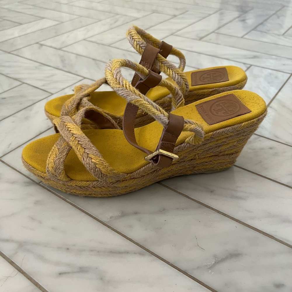 Tory Burch yellow and tan wedge sandals